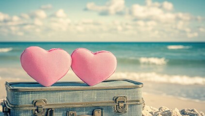 Two pink hearts on a vintage suitcase with a beach background, a travel concept for Valentine's Day.
