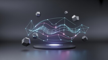 Abstract digital network visualization with glowing nodes and geometric shapes floating in a futuristic environment