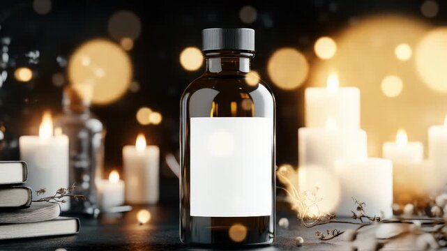 Rustic apothecary bottle with blank label in candlelit vintage setting
