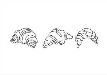 Line Art Croissants Simple Breakfast Pastry Drawings.  line icon-continuous line drawing. Editable stroke. 