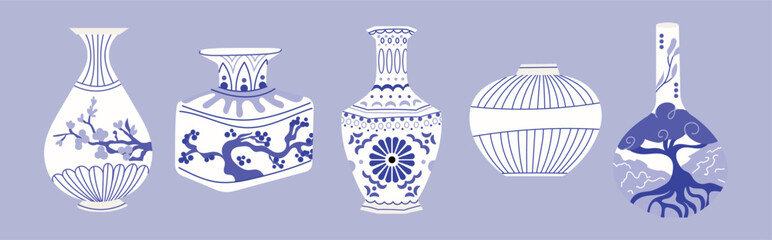 Decorative Chinese ceramic set vases, bowls with floral, tree, branch and dragon ornament. Vector illustration isolated on background. Traditional pottery and porcelain art concept