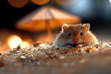 Curious hamster peeking out from sandy ground with warm bokeh lights in background creating cozy atmosphere, close up view of small pet with fuzzy fur and bright eyes.