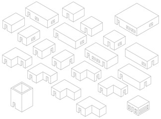 A low poly house pack arranged in a grid pattern, featuring unique shapes and sizes with clearly outlined windows and doors.