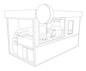 Coffee shop counter sketch with clean contour lines, featuring a white background and detailed countertop items including coffee cups and saucers.