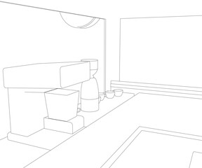 A minimalist coffee stand with clean contour lines, featuring a sink and toilet on a platform against a white background.