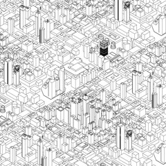 A black and white cityscape maze of densely packed buildings in contour line art. The intricate arrangement creates a sense of depth and bustling urban energy.