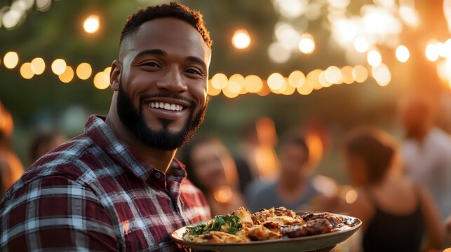 Smiling African American man holding grilled meat plate at outdoor summer barbecue party with string lights and sunset bokeh background creating warm atmosphere.