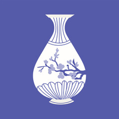Elegant traditional Chinese vase with a cherry blossom branch. Blue and white porcelain design. Asian culture decorative element. Vector illustration isolated on background