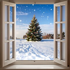 Winter Christmas scene from a window