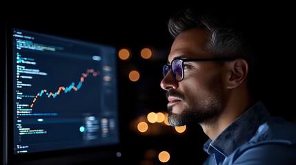 Middle-aged Asian businessman wearing glasses analyzes financial market data on computer screen with stock charts and programming code in dark office with bokeh lights.