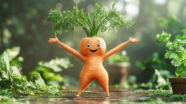Carrot with woman body shape, green carrot leaves on head, dancing samba with arms and legs, on stage, funny hipster vegetable anthropomorphic 3d modern digital art wallpaper background