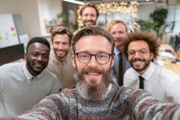 Fototapeta premium Happy diverse business team taking a selfie in a modern office, showing collaboration.
