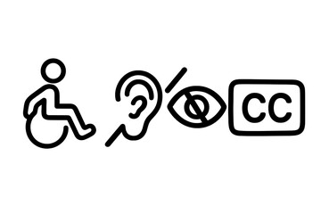 Accessibility icon set. Vector symbols for disability, wheelchair access, hearing and visual impairment. Inclusive design for disabled people. Closed captions, blind, deaf pictogram.
