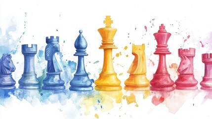 Colorful watercolor chess pieces in artistic arrangement on white background. National Chess Day