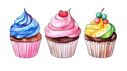 Colorful cupcakes with swirled frosting and decorative toppings. National Chocolate Cupcake Day