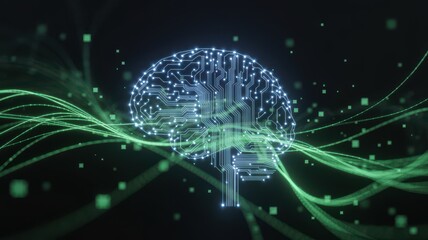 Futuristic digital brain circuitry with glowing green energy streams and data particles