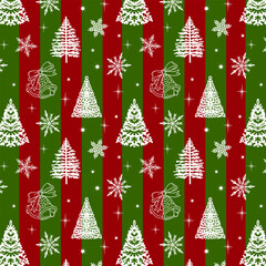 New Year pattern on a striped background.Vector seamless pattern with outline Christmas trees, bells and snowflakes on a multicolored striped background.