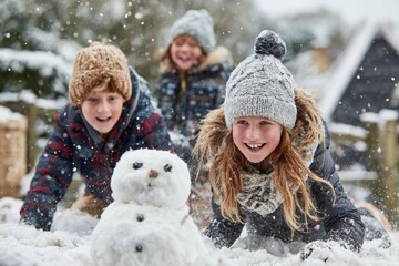Obraz premium Joyful children laughing and playing in fresh snow, building a snowman on a winter day.