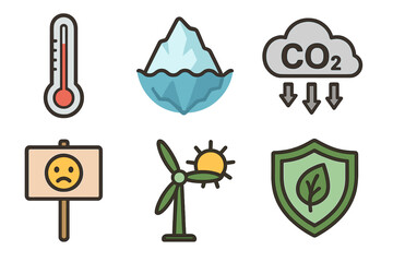 Climate change icon set with global warming, CO2 emissions, and melting icebergs. Vector concepts for environmental protection, green energy, and climate strike activism.