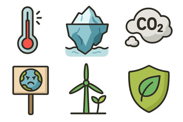 Climate change icon pack. Global warming, melting iceberg, CO2 pollution, green energy, environmental protection, climate strike concepts. Flat cartoon vector icons set.