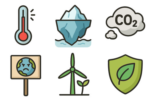 Climate change icon pack. Global warming, melting iceberg, CO2 pollution, green energy, environmental protection, climate strike concepts. Flat cartoon vector icons set.