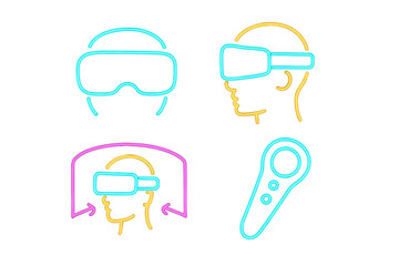 Neon virtual reality icons. VR headset, controller, 360-degree view. Glowing line art for metaverse & gaming. Futuristic technology vector illustration symbol set. Cyberpunk UX/UI.
