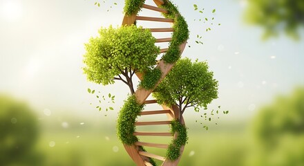 A dna double helix intertwined with lush green trees and foliage, representing the connection between genetics and nature, or environmental sustainability