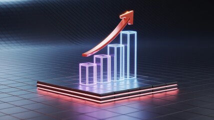 Futuristic neon bar graph shows upward trend with a glowing arrow symbolizing financial growth and success
