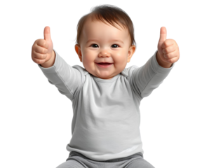 Joyful Baby in Grey Outfit Showing Double Thumbs Up, Transparent Background