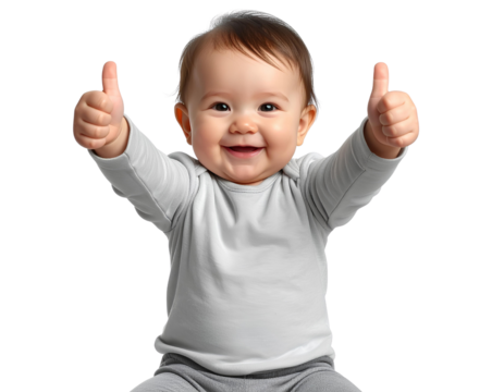 Joyful Baby in Grey Outfit Showing Double Thumbs Up, Transparent Background