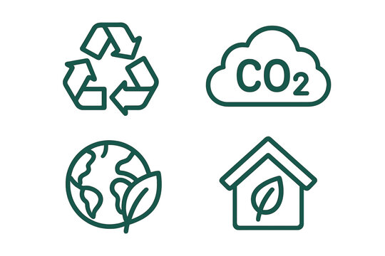 Sustainability and ecology icon set. Minimalist vector line art of recycle symbol, CO2 emissions, green planet, and eco-friendly home for environmental conservation.