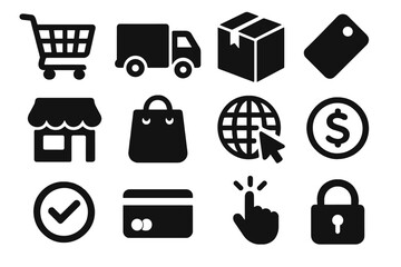E-commerce icons set for online shopping. Web store symbols collection including delivery truck, shopping cart, credit card payment, secure checkout, and add to cart button.
