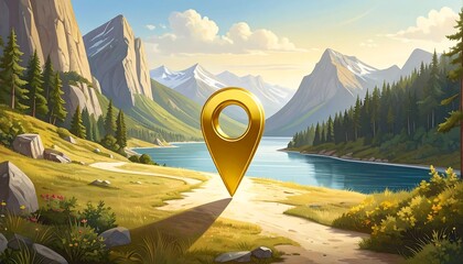 Golden map pin in a scenic landscape