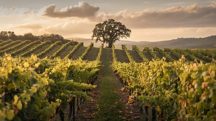 Golden Hour Over Rolling Vineyards with Lone Oak Tree