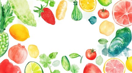 Colorful watercolor fruits and vegetables border on white background, World Food Day