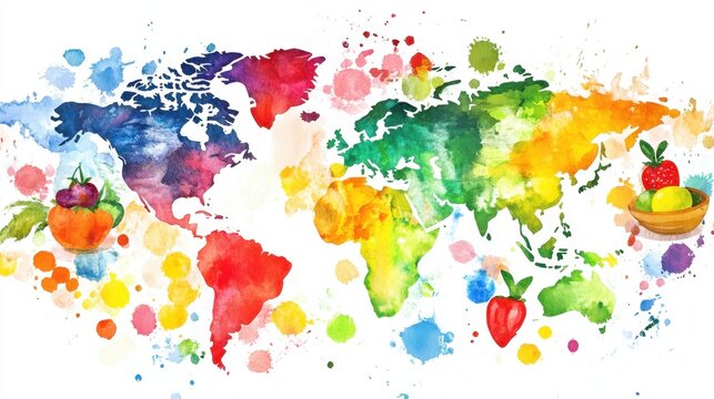 Colorful watercolor world map with fresh fruits and paint splashes, World Food Day - Powered by Adobe