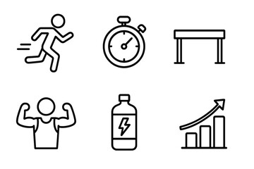Set of linear fitness and sport icons. Vector illustration of a running man, stopwatch for speed, hurdle for competition, strong athlete, energy drink, and progress chart.