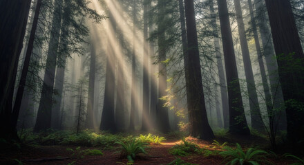 Sunlight shining through trees in a misty forest with green ferns below