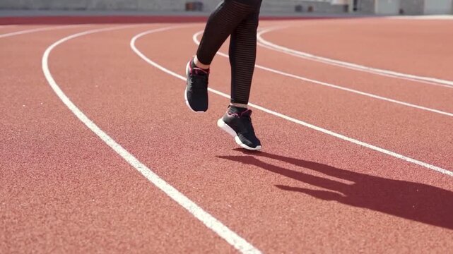 Running track workout: woman athlete training legs exercise on outdoor stadium track.