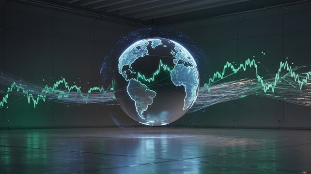 Global financial markets visualized with a glowing earth and dynamic stock market charts in a futuristic setting