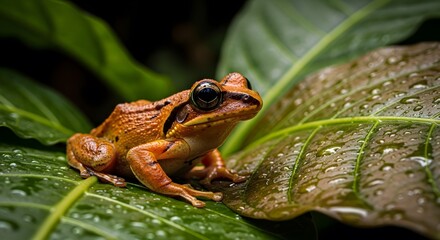Orange Brown Frog Sitting on Large Green Leaf in Rainforest
