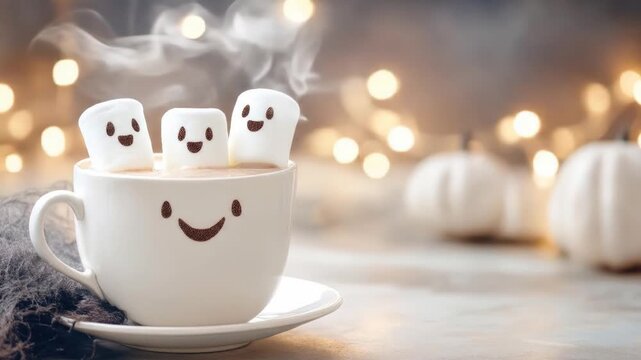 Halloween hot cocoa with floating marshmallow ghosts and autumn leaves