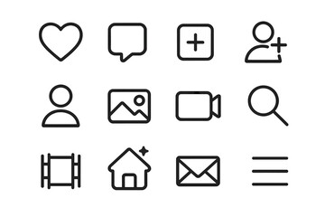 Minimalist social media interface icons for mobile and web design, vector cartoon illustration set with transparent background, including user, message, video, search, home, mail, and menu symbols