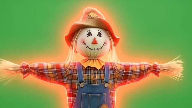 A cheerful scarecrow stands out against a vibrant green backdrop.