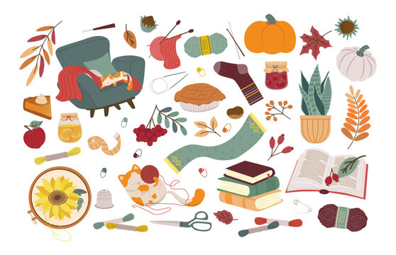Vector illustration featuring cozy autumn essentials such as knitting supplies, a sleeping cat, a comfy armchair, pumpkins, and books, evoking a feeling of warmth and comfort.