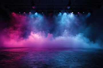 Obraz premium Stage area with empty dark blue, purple, and pink backdrop illuminated by neon lights featuring spotlights