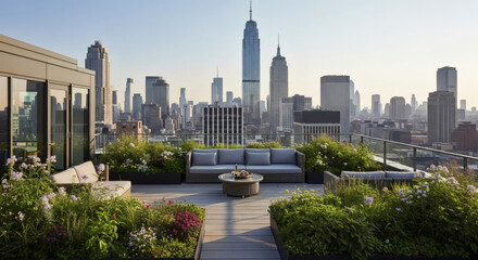 Fototapeta premium City skyline view from rooftop garden with seating and greenery