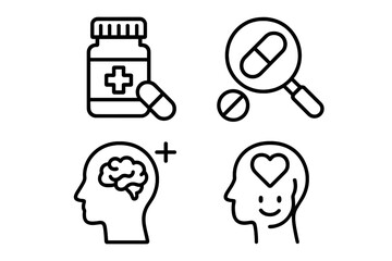Pharmaceutical research and mental health wellness linear icons set, vector cartoon illustration with transparent background, medicine bottle, pill analysis, brain care and emotional wellbeing symbols