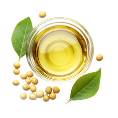 Fresh Soybean Oil in Glass Bowl with Green Soybeans for Healthy Cooking Concept