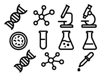 Obraz premium Science and genetics icon set with DNA helix, molecular structure, microscope, petri dish, test tubes, laboratory flask, and dropper in black and white vector cartoon illustration